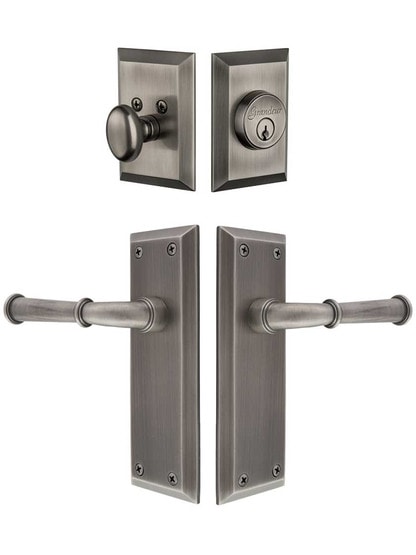 Grandeur Fifth-Avenue Entry Door Set, Keyed Alike with Georgetown Levers in Antique Pewter.